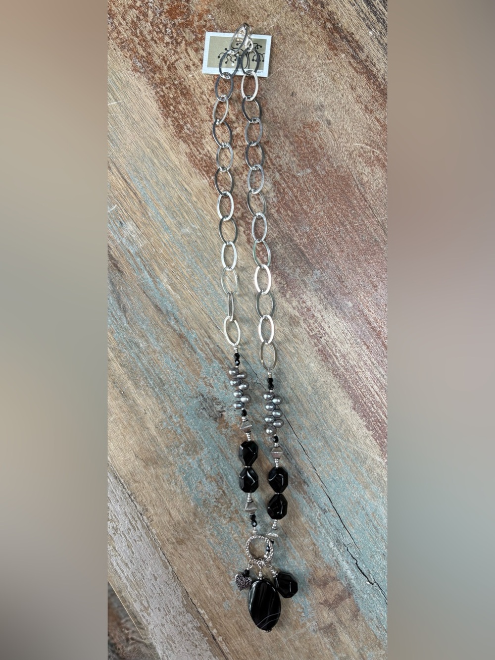 Silver Link Necklace with a Black Bead Pendant